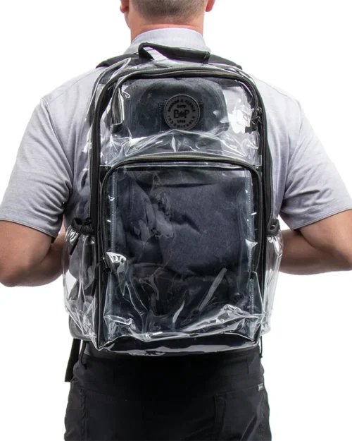 Clear Utility Backpack on the back of a man