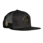 Side view of a black hat with Glossy Black OG B&P logo on front and pinecone on the side