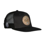 Side view of a black hat with Old Gold B&P logo on front and pinecone on the side