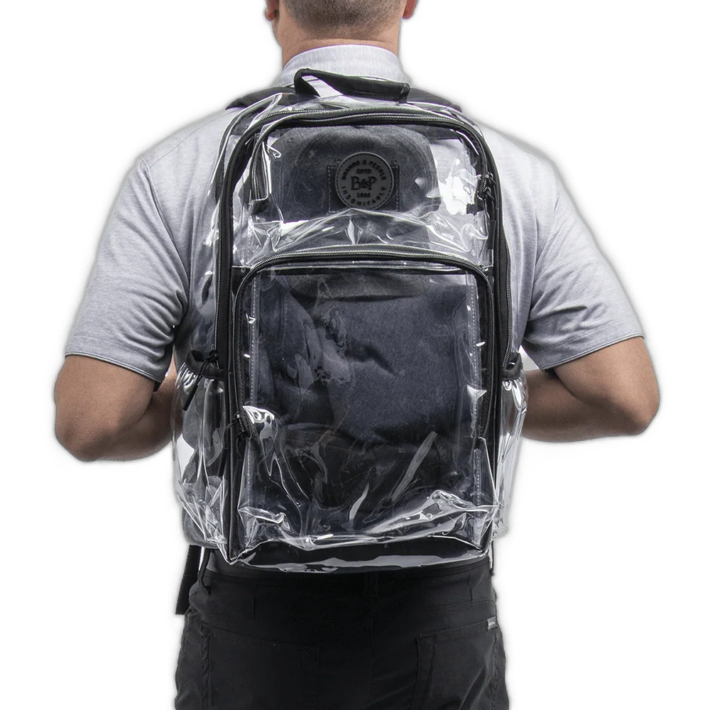 model wearing clear backpack