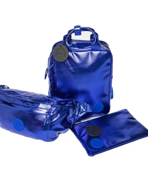 Blue Metallic Vegan Leather Backpack, Crossbody Bag, and Zipper Pouch