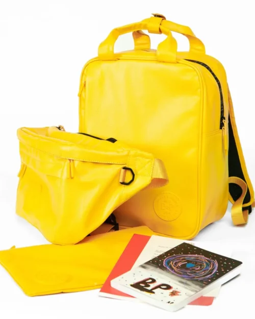 yellow backpack, fanny pack and zipper pouch