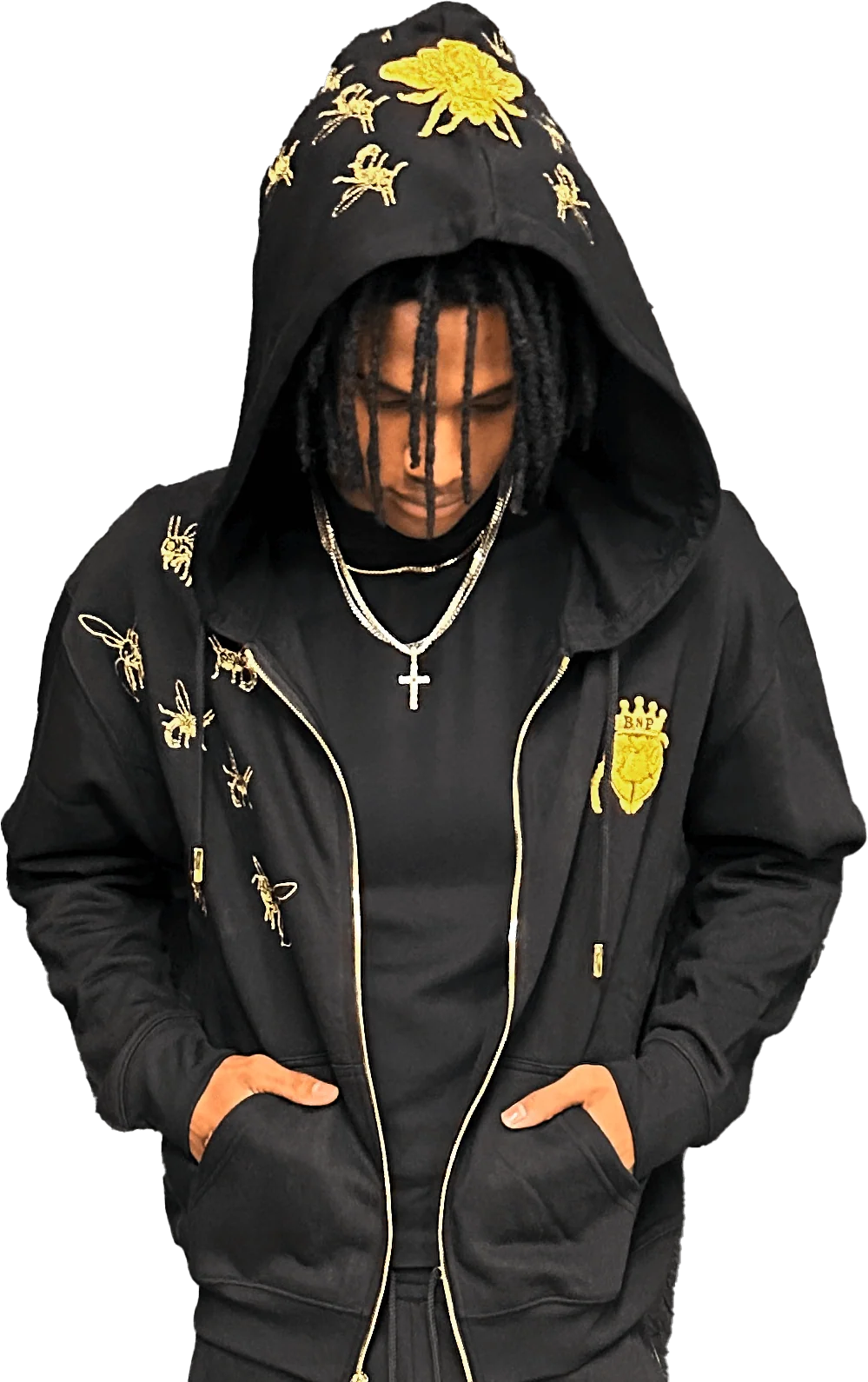 Model wearing a black Wasp Collection Zip Up Hoodie